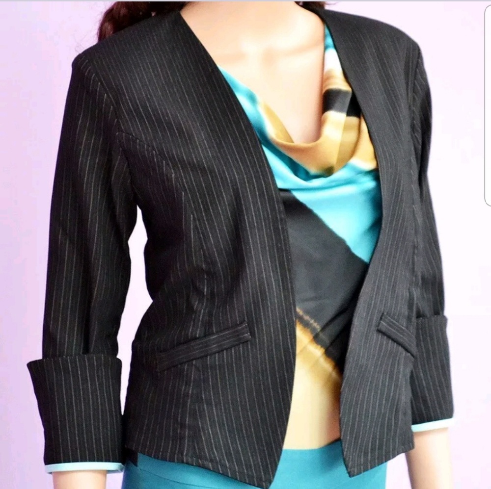 Black Pinstripe Reversible Polyester Blazer Jacket